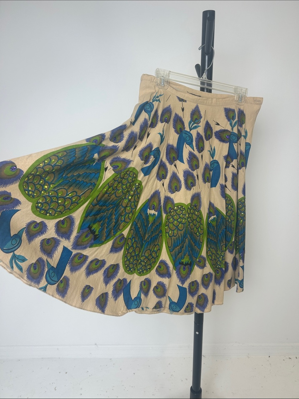Heart Moon Star Beige Skirt with Blue & Green Peacock Print